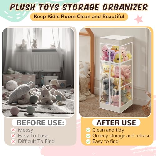 Colingmill 2-tier Plush 47 In Vertical Toy Stuffed Animal Storage Organizer Holder Cage Bin with PVC Waterproof and Dust Cover Zippered Stuffed Animal Organizer Playroom Nursery Kindergarten(White)