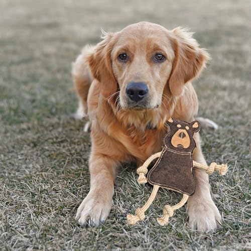 SPOT Dura-Fused Leather Forest Animals - Dog Toy with Squeaker and Rope Limbs, Real Leather and Jute Chew Toy, Durable No-Stuffing Toy For Light to Moderate Chewers - 14in, Assorted Styles, 1 Piece
