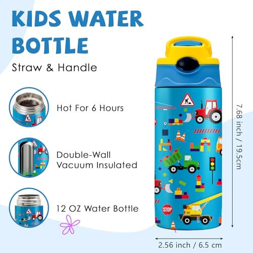 Construction Gifts 12 oz Water Bottle with Straw – Kids Stainless Steel Vacuum Insulated Cup, Leakproof Pop-Up Spout, Reusable Travel Mug for Boys and Girls Outdoor Sports - Under Construction - color: Car1