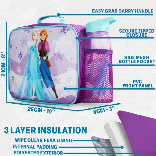 Get Trend Disney Frozen Girls Lunch Bag, Bento Box & Water Bottle 3 Pc Set | Insulated Lunch Bag, 3 Compartment Lightweight Snack Box, 22 fl oz BPA-Free Water Bottle with Straw, School, Gifts for Girls - color: Turquoise/Purple Frozen