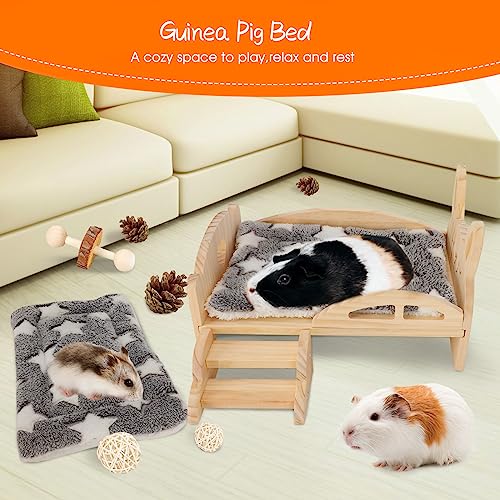 BWOGUE Wooden Guinea Pig Bed with Stairs, Guinea Pig Platform Bed | Guinea Pig Wood Bed Platform, 2-in-1 Design, Washable Soft Fleece Mat, 13.5 x 8.5 x 8.7 in, Hamsters & Chinchillas - size: 13.5''×9.3''×3.3''