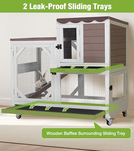 GUTINNEEN Wooden Duplex Rabbit Cage on Wheels with Chew-Proof Ramp, Brown | 4 mobile swivel casters, 2-story design, waterproof rain cover, 5 access doors, 2 sliding trays - color: Brown