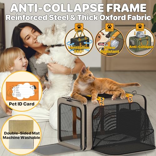 PAWZIDEA Expandable Pet Carrier Airline Approved, 18"×11"×11" Small Dog Carriers, Collapsible Top-Load Cat Carrier for 2 Cats Under Seat, Soft-Sided Puppy & Animal Travel Bag, ID Card, Up to 15lbs - color: Khaki Plaid, size: 18.0"L x 11.0"W x 11.0"H