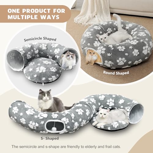 Cute Round Cat Tunnel for Indoor Cats, Grey | Peekaboo Cave with Dangling Balls, Pet Donut Tunnel Bed with Circle Mat for Puppy Kitten Rabbit - color: Grey Paw, size: Round