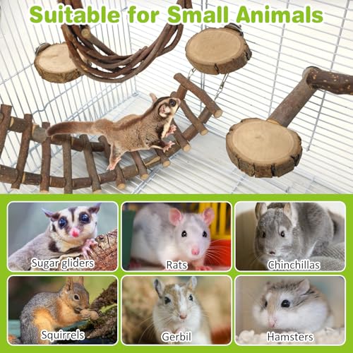 BNOSDM 6PCS Chinchilla Cage Accessories, Natural Wood Sugar Glider Climbing Bridge & Perch Platforms, Rat Enrichment Toys Set for Small Animals Squirrel, Gerbil, Hamster - color: 6PCS-Wooden Ladder & Swing T-Perch Set
