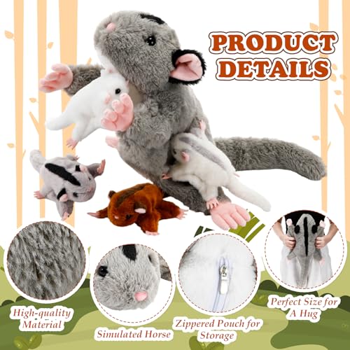 Hollowfly 5 Pcs Sugar Glider Family Stuffed Animal Set 18.5 Mommy Sugar Glider Plush Toy Long Tail with 4 Cute Babies Zippered Belly Inside Nurturing Gifts for Kids Adults Holiday Birthday Christmas - style: Sugar Glider