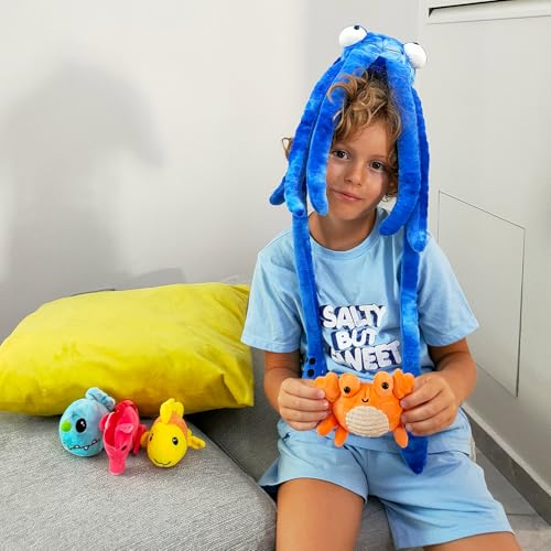 Giant Squid Stuffed Animal with 4 Sea Animal Plush, Blue, 41.3" | 5Pcs Squid Plush Toy: Crab, Seahorse, Clownfish & Anglerfish; Zipper Head Storage; Weighted Tentacles; Birthday Gift for Kids - style: Squid Blue