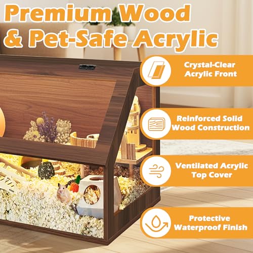 PROLEE Hamster Cage Large Chewproof, 40" x 20" x 20" Sloped Mice and Rat Habitat with Clear View, Solid Built with Lockable Design and Openable Top, Walnut - color: Walnut