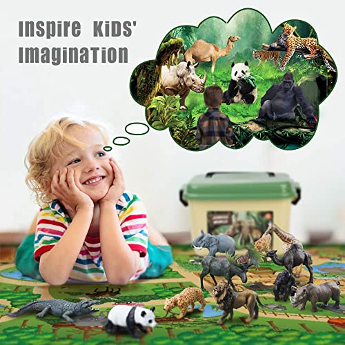 Mini Tudou Safari Animals Figures & 57x38.6'' Play Mat for Kids Toddler 3-5 | Zoo Animal Toys, Realistic Wild Animal Figurines, Plastic Jungle African Animals Playset with Storage Bin, Gift for Boy Girl