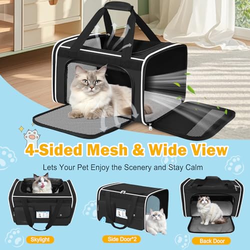 HUANLANG Large Cat Carrier Soft Sided Travel Pet Carrier Airline Approved | Dog Carriers for Small Dogs Medium Cats,Collapsible,3 Storage,zipper lock,Reflective strips,Luggage Strap,Up to 15 Lbs, Black - color: Black 1