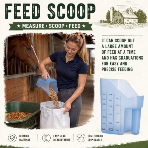 Uiifan 2 Pcs 3 Quart Horse Feed Scoop with Measurements, Heavy Duty Plastic Livestock Measuring Scoop for Grain, Pellets, Oats, Sweet Feed, Goat, Sheep and Cattle Supplies (Blue) - style: Blue