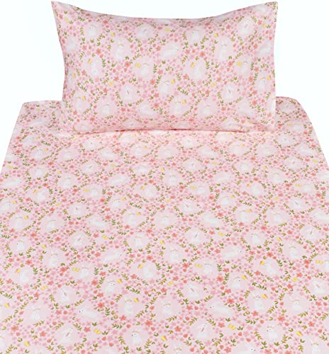Scientific Sleep Pink Flower Rabbit Bunny 100% Cotton 3 Pcs Twin Bed Sheet Set Kids Toddler Teen, Flat Sheet & Fitted Sheet & Pillowcase Kids Bedding Set (Rabbit Flower, Twin) - color: Rabbit Flower, size: Twin
