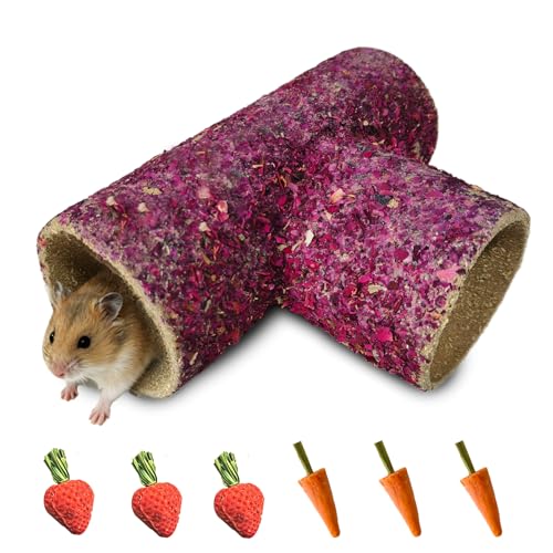 Hamster Hideout Tunnel Natural Hay & Dried Flower Paper Tube Maze Burrowing Habitat Decor for Dwarf Hamsters Gerbils Mice Syrian Hamsters (Rose Flower)