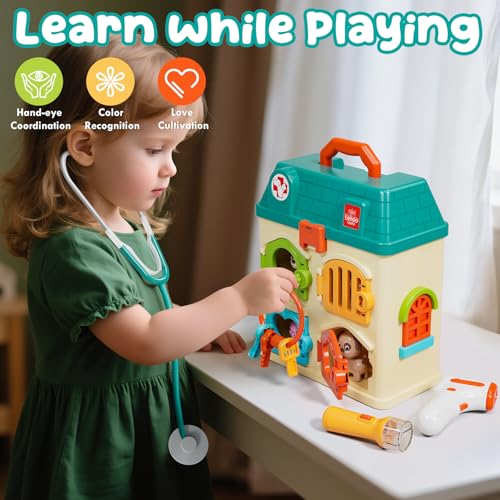 Lehoo Castle Critter Clinic with Key, Pretend Play Doctor Toys for Kids 3-5 | Vet Playset for Toddlers, Animal Hospital with 4 Rooms, 4 Matching Keys, 4 Pets, Medical Accessories, Preschool Toys