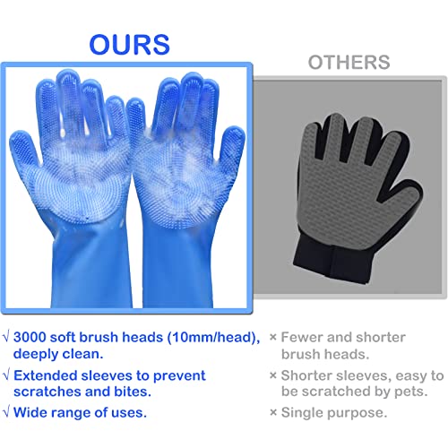 Silicone Pet Grooming Gloves Dog Washing Gloves for Bathing Massaging | 3,000 Soft Bristles, Non-slip & Extended Sleeves, Heat Resistant & Dishwasher Safe, For Cats and Dogs, Home/Car Cleaning - color: Blue