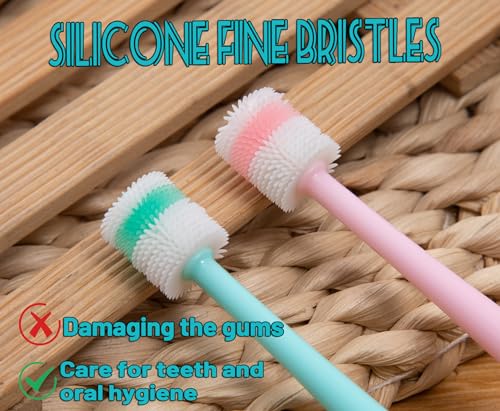 E.M&S.T by Emmeliestella Small Dog & Cat Toothbrush 360° Soft Silicone | Cat Dental Care, Toothbrush Holder, Easy to Handle, Independent Packaging, Suction Cup, Light Blue&Pink (2-Pack + Holder)