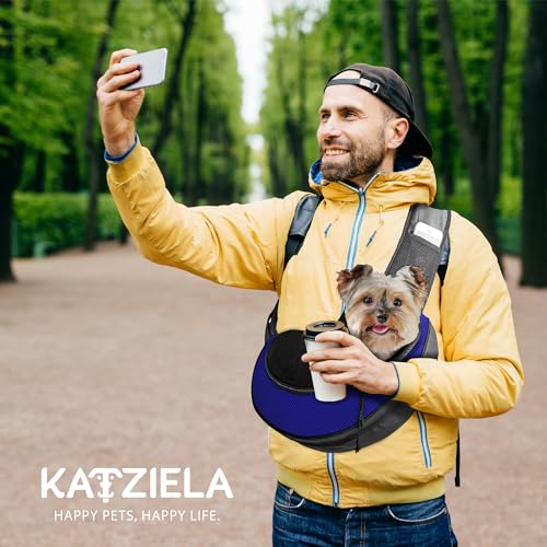 Expandable Pet Carrier Sling Bag - Small Dog, Puppy and Cat Carrier Front Shoulder Backpack w/Harness Strap - Carrying Pouch for ESA, Animal Travel - PU Leather Bottom, Mesh Pocket by Katziela (Blue) - color: Blue