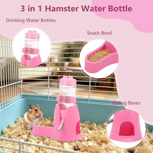 Litewoo 3 in 1 Hamster Water Bottle Small Animal Water Bottle with Food Container Base Hut Hanging Pet Automatic Feeding Drinking Dispenser for Dwarf Hamster Rats Mouse Gerbil Mice - color: Pink, size: 80ml