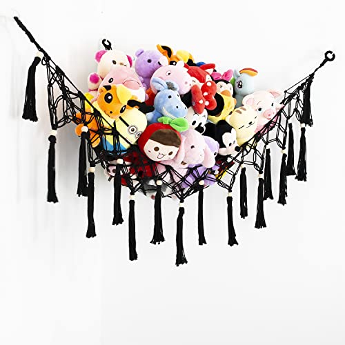 Large Stuffed Animal Net Toy Hammock with Tassel-Corner Hanging Net for Plush Toy Holder Boho Macrame Toy Display,Toy Storage Organizer for Kids Room, Nursery, Bedroom