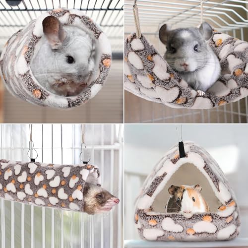 MCEAST 4 Pieces Small Pets Cage Accessories Hanging Hammock Sleeping Bag Tunnel and Bed Hideout Set Warm Sleep Nap Sack Bed for Hamster Ferret Squirrel Rabbit, Coffee Hearts - style: Coffee Hearts