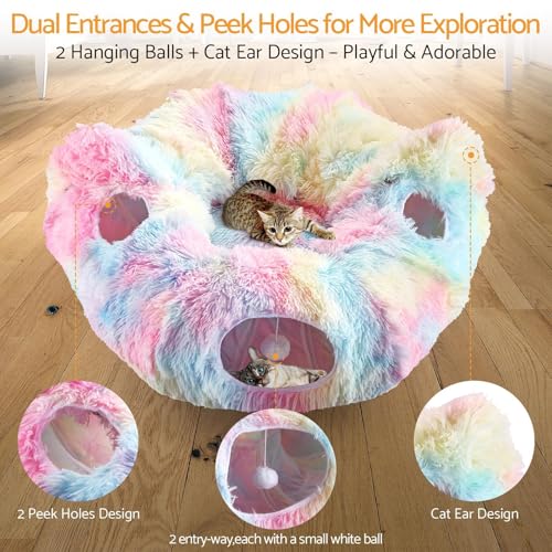 Cat Tunnel Bed, Collapsible Cat Tunnel with Washable Cushion,3-in-1 Multi-Functional Play Tunnel with Peek Holes & Ears, Indoor Playhouse for Cats Kittens Rabbits Small Dogs,Gift for Pet - color: Rainbow