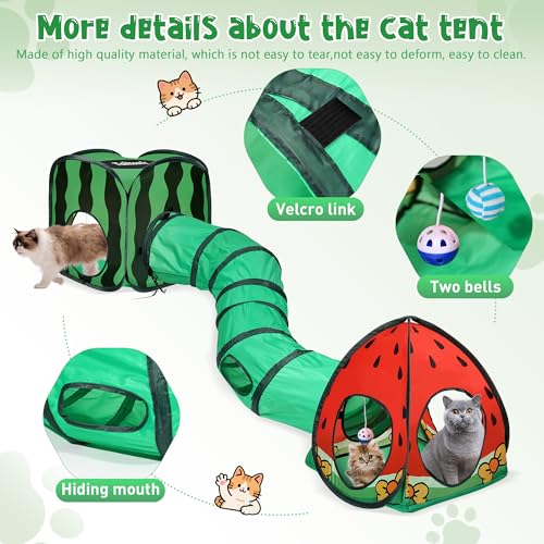 Tailtastic 3-in-1 Watermelon Cat Tunnel with Cube, Tent & Ball for Indoor | 3-way S-tunnel with hide & seek portals & balls, multi-cat cube,30-sec hook-and-loop assembly, foldable for easy storage