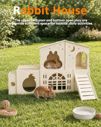 Wooden Bunny Castle, 2-Story Rabbit House and Rabbit Hideout | with Slide, 5-Room Bunny House Indoor for Guinea Pigs, Chinchillas and Small Animals