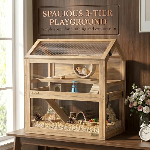 PawHut Wooden Hamster Cage for Small Gerbil, Mice 30" x 18" x 30" | 3-Tier Small Animal Cage, Hut, Seesaw, Ramps, Exercise Wheel, Acrylic Panel, Bottom Tray, Dwarf Hamster Habitat