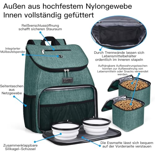 BAGLHER丨Dog Travel Bag, Airline Approved Pet Supplies Backpack, Dog Travel Backpack Accessories Set with 2 Silicone Collapsible Bowls and 2 Food Baskets. Green - color: Green-A