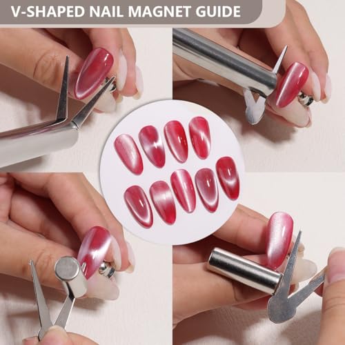 Cat Eye Magnet for Nails 6 PCS, Super Long Double-head Nail Polish Magnet Pen, Flower Design Nail Magnetic Pen, Stick for 3D French Cat Eye Gel Polish with Y/V Shape Clippers Heart Magnetic DIY Tools - color: 6pcs