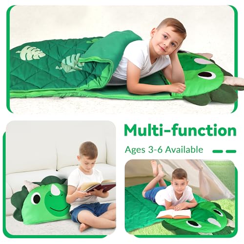 iPlay, iLearn Kid Sleeping Bag, Dinosaur Slumber Sack, Toddler Boy Nap Mat | 2 in 1 Green Dinos Cushion Pillow Blanket, Happy Travel Sleepover Daycare Preschool Birthday Gift for 3 4 5 6 Years Old Child - style: Dinosaur