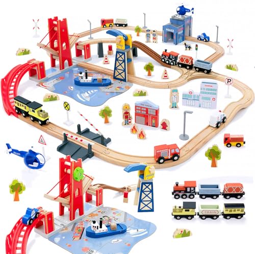 Giant bean 117 Pcs Busy Port City Wooden Train Set for Kids | Expandable & Changeable Wooden Train Track Set Toy, for Boys & Girls Ages 3-14 - color: 117pcs City Train Set
