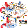 Giant bean 117 Pcs Busy Port City Wooden Train Set for Kids | Expandable & Changeable Wooden Train Track Set Toy, for Boys & Girls Ages 3-14 - color: 117pcs City Train Set