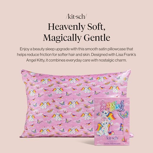 Lisa Frank x Kitsch Satin Pillowcase, Size 19x26 - Angel Kitty | Softer Than Silk Pillow Cases, Smooth Cooling Satin Pillow Case for Hair and Skin, Wrinkle-Free, Machine Washable - color: Angel Kitty, size: Standard/Queen (1 Pack)