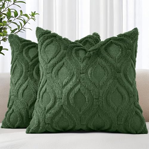 decorUhome Faux Fur Plush Forest Elf Throw Pillow Covers 16x16 Set of 2 | Plush Solid Fall Couch Pillow Covers, Accent Modern Farmhouse Neutral Decorative Soft Pillow Cases for Sofa Bed Living Room - color: Forest Elf, size: 16" x 16" (Pack of 2)
