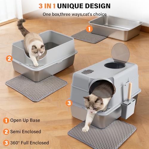 Stainless Steel Litter Box with Lid,Extra Large Enclosed cat Litter Box | Enclosed Metal litterbox with Flip Top,Front and Top Entry,Anti-Leakage,Easy Cleaning,Includes Scoop & Mat - color: Enclosed-XL