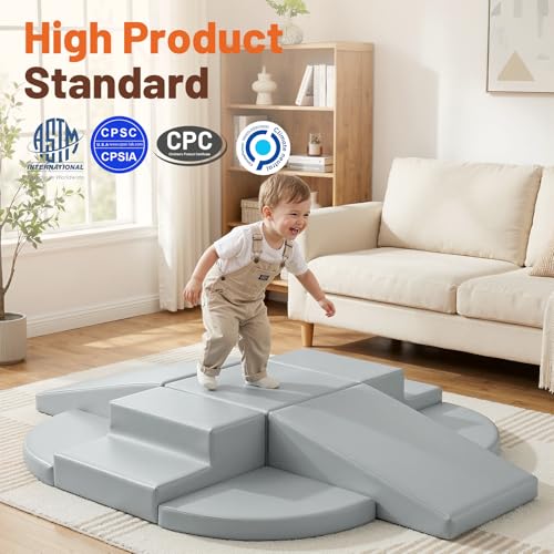 9-Piece Climbing Toys for Toddlers: Soft PU Leather Foam Blocks - Baby Climb and Crawl Activity Blocks - Kids Play Gym Equipment Indoor for Development(Grey) - style: Grey