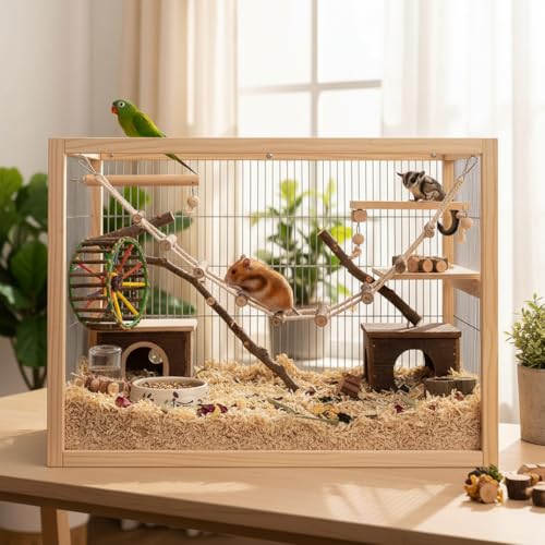 HEEPDD 39.4in Pet Hamster Climbing Ladder Suspension Rope Bridge Toys | Parrot Nature Wood Long Climbing Ladders for Squirrel Hamster Sugar Gliders