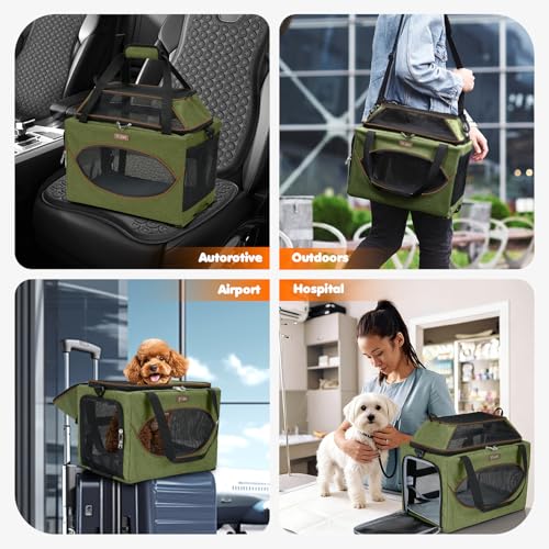 Lekereise Top-Expandable Pet Carrier 18x11x11Inch Delta American United Airline Approved Underseat to 15lbs Stable Car Travel Carriers for Small Dogs Cats with Locking Safety Zippers Anti-Scratch Mesh - color: Dark Green, size: 18"x11"x11"