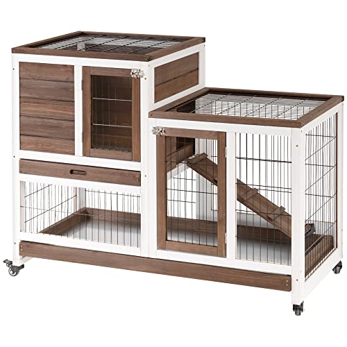 PawHut Wooden Rabbit Hutch Elevated Bunny Cage Indoor Small Animal Habitat with Enclosed Run with Wheels, Ramp, Removable Tray Ideal for Guinea Pigs, Brown | Small Animal Habitat, Enclosed Run, Wheels, Ramp, Removable Tray - color: Brown