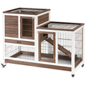 PawHut Wooden Rabbit Hutch Elevated Bunny Cage Indoor Small Animal Habitat with Enclosed Run with Wheels, Ramp, Removable Tray Ideal for Guinea Pigs, Brown | Small Animal Habitat, Enclosed Run, Wheels, Ramp, Removable Tray - color: Brown