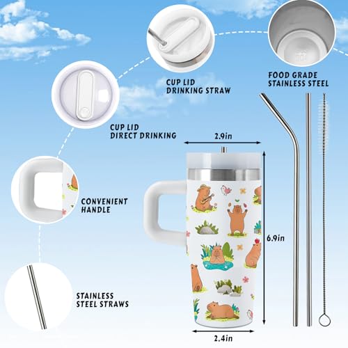 Capybara 14 oz Water Bottle, with Handle Straw, Insulated Cup | 14oz Capybara Stainless Steel Sports Tumbler, Reusable Leak proof Vacuum Mug, Christmas Birthday Animal Gift for Daughter Son - color: Capybara-White