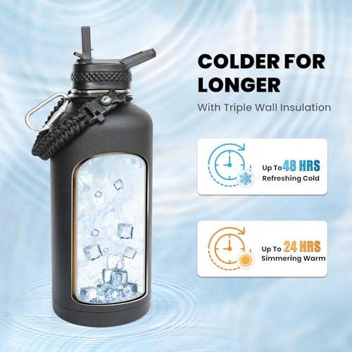 RAYMYLO Insulated Water Bottle 87 oz, Triple Wall Vacuum Stainless Steel | (Cold for 48 Hrs), Leak Proof & Non-BPA, Modern Water Flask Jug with Paracord Handle & Straw Spout Lids - color: Magic Black, size: 87 Ounces