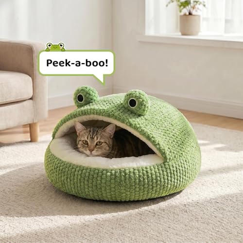 CWV Cute Cat Beds Kitten Beds, Soft Small Dog Beds, Washable Pet Beds for Puppy and Kitty, Funny Frog Cat Cave, 23 Inches - color: White＆Green