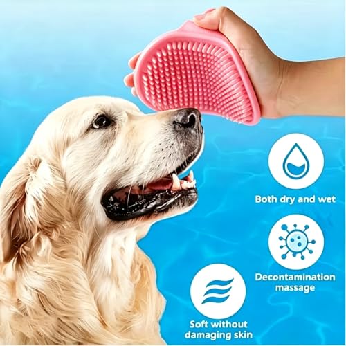 Silicone Pet Bathing Brush With Adjustable Circular Handle, Non-Slip Grip, Soft Bristles for Dog & Cat Grooming, Shampooing, Massaging - Ideal for Bathing, Pink