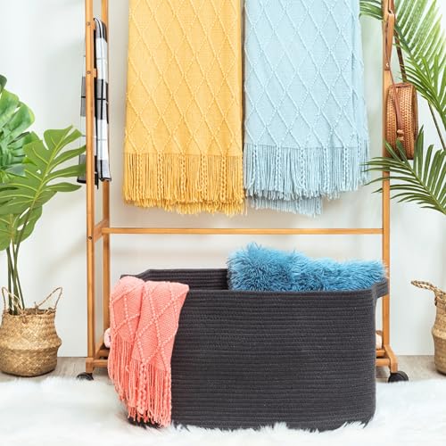 22in Extra Large Blanket Basket Holder Living Room, Rectangle Rope Woven Storage Basket with Handles for Laundry, Pool Towels, and Shoes, Dog Toy Organizer Bin Box, Charcoal - color: Charcoal Gray