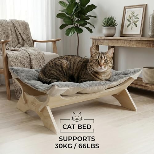 JSPYFITS Elevated Cat Bed Hammock, Raised Cat Bed with Dual-Sided Plush & Linen Cushion, Machine Washable & Breathable Cover Tool Free Easy Assembly, up to 66Lbs (Gray) - color: Cozy Grey