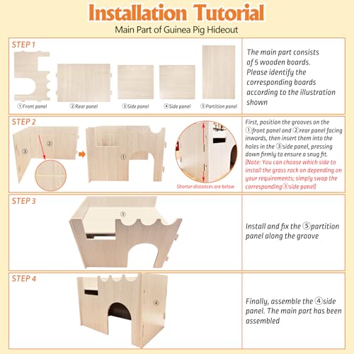 kathson Wood Guinea Pig Hideout Small Rabbit Hideout with Water and Hay Feeder Ramp, Easy to Assemble Wooden Hamster House for Small Animal Bunny Chinchilla Rat Hedgehog with 2xGuinea Pig Cage Liners