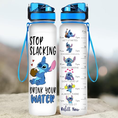 BAIG Blue Alien 32 Oz Water Track Bottle, Stop Slacking Drink Your Water Water Bottle With Time Marker, Alien Motivational Insulated Water Bottle, Gifts For Cute Alien Lovers
