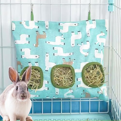 Lesnala 2 Pcs Canvas Hanging Bunny Hay Feeder Bags 3 Holes 2 Styles | Rabbit hay feeder Bag, Guinea Pig Hay Bag, Large Capacity Cotton Canvas Fabric, for Chinchillas Hamsters & Other Small Pets - color: green